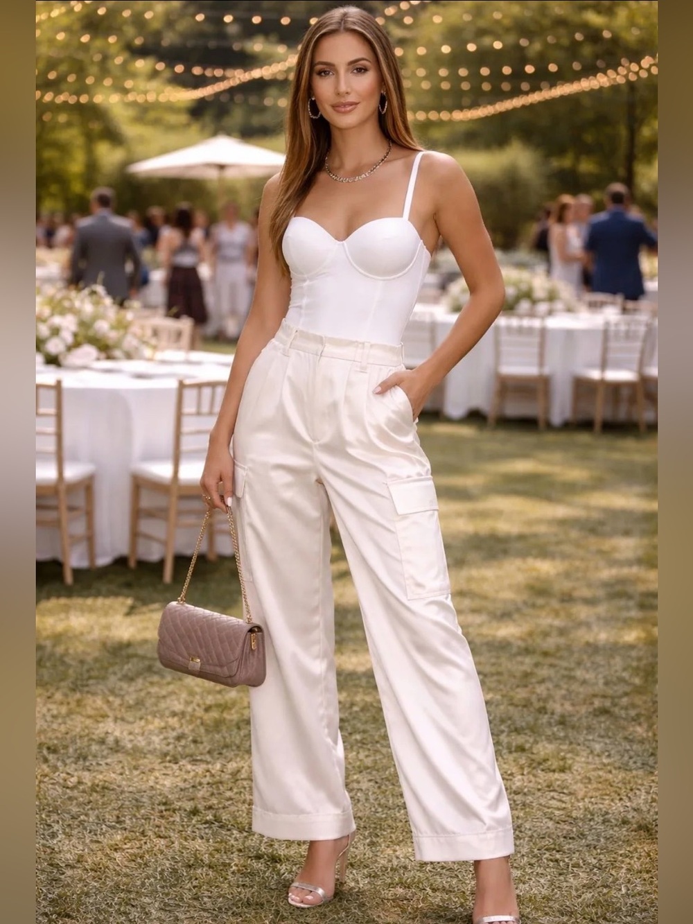 Tractr Light Beige Cargo Satin Trousers Pants Wide Leg Elastic waistband Sz 4/27
